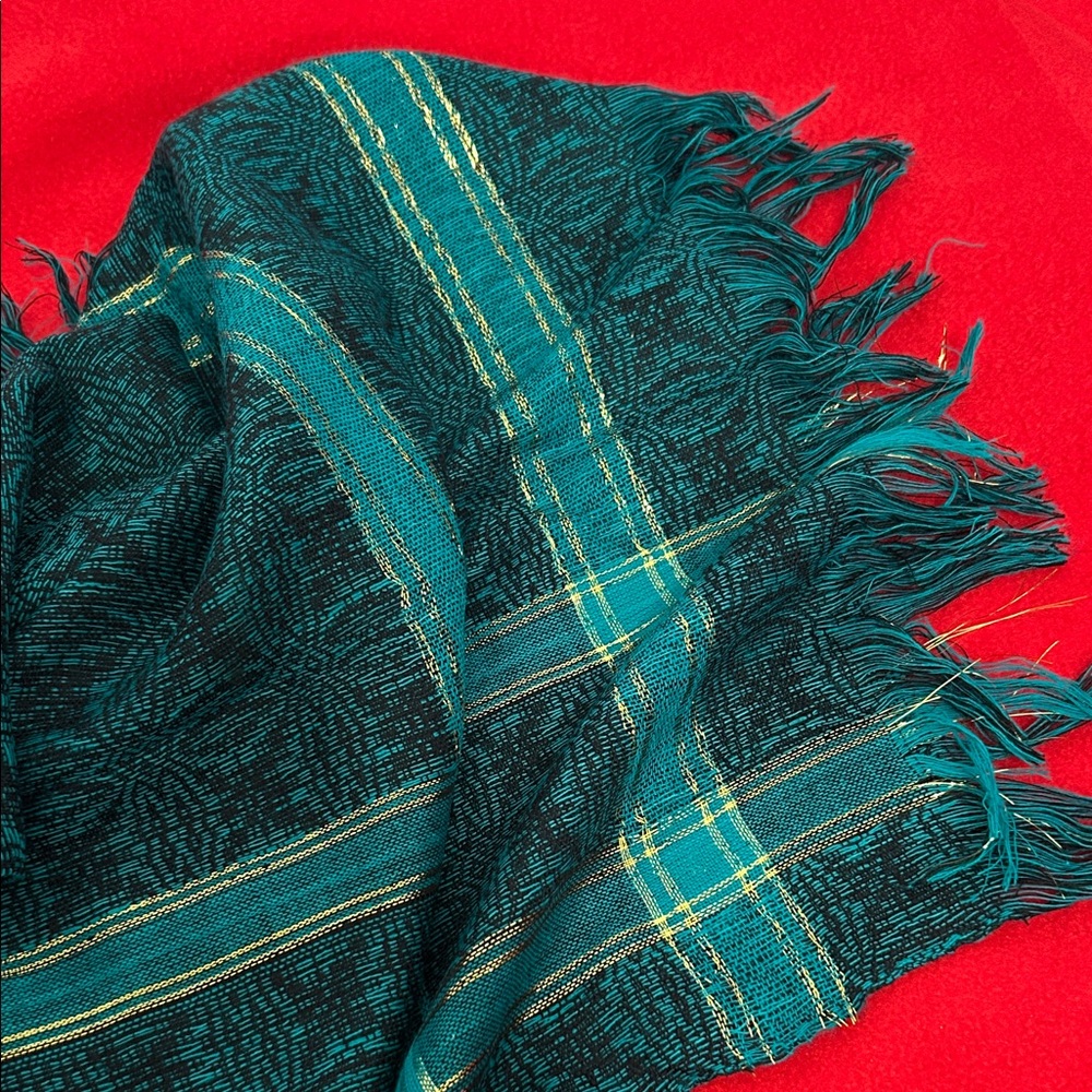 Elegant Teal Fringed Scarf with gold accents